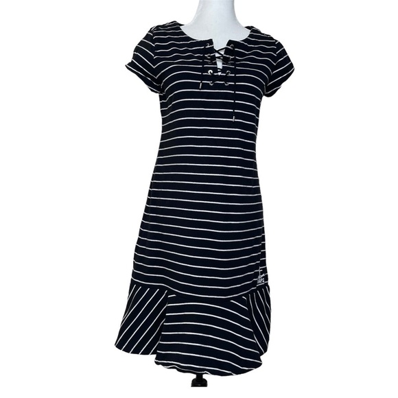 Chaps Black Stripes Clein Flounce Hem Dress US M - Picture 2 of 9